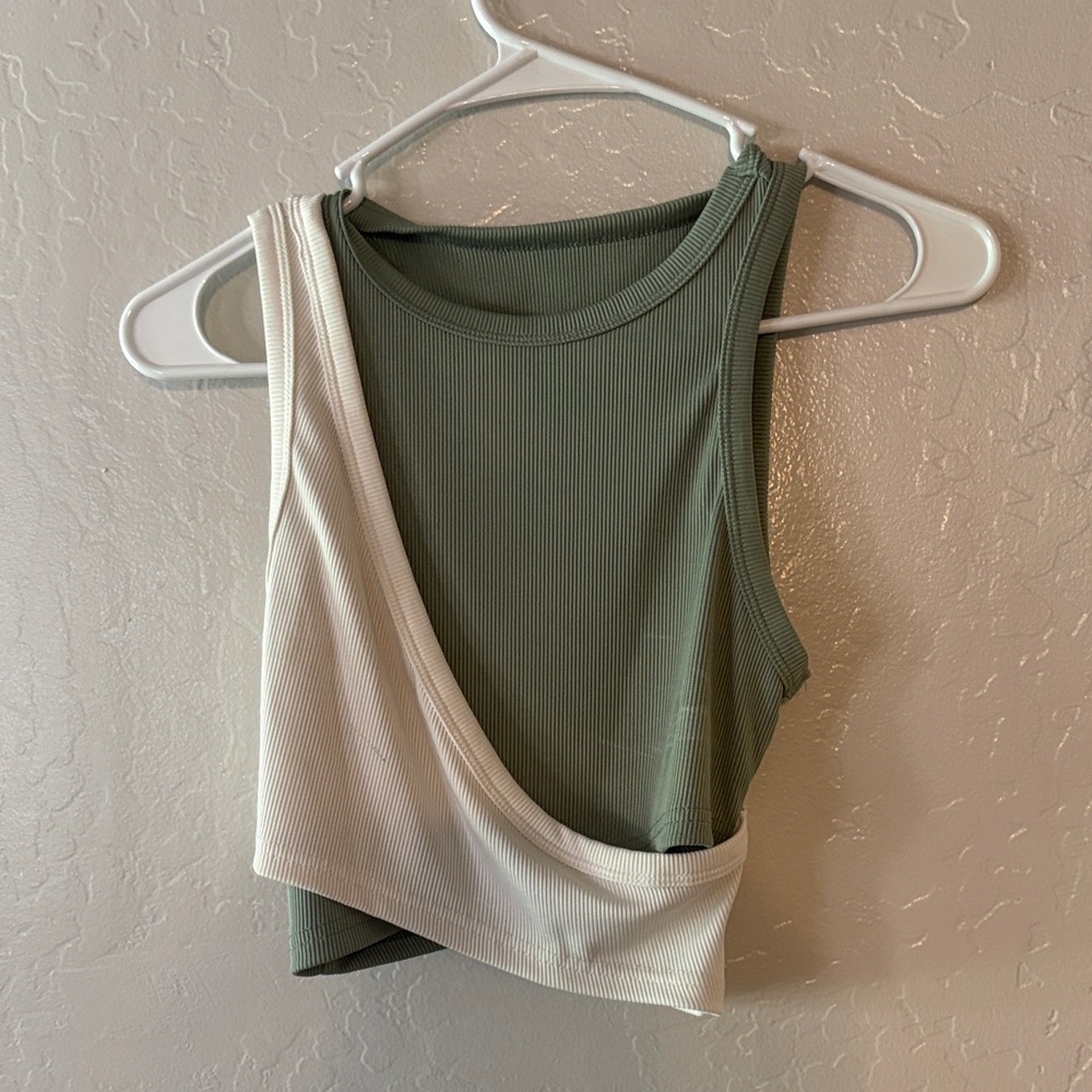 SHEIN Olive Green and Cream Ribbed Asymmetrical Tank